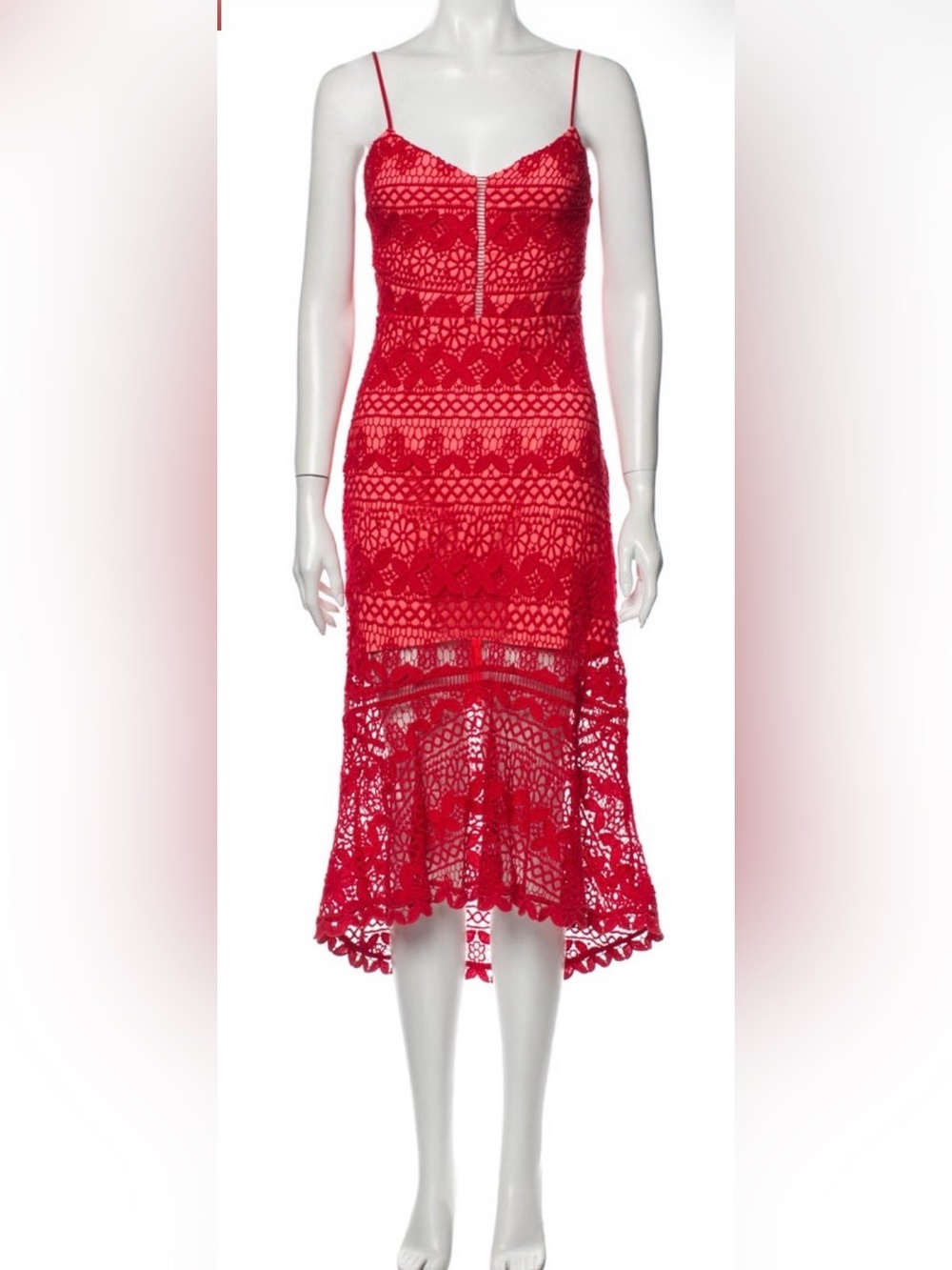 Parker Red Cotton Lace Eyelet Midi Slip Dress Scalloped Tiered Hem XS